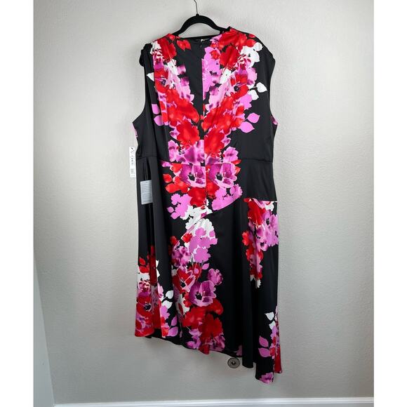 Maggy London Woman Multi Black Floral Asymmetric Charmeuse Midi Dress 24W NWT - Picture 13 of 13